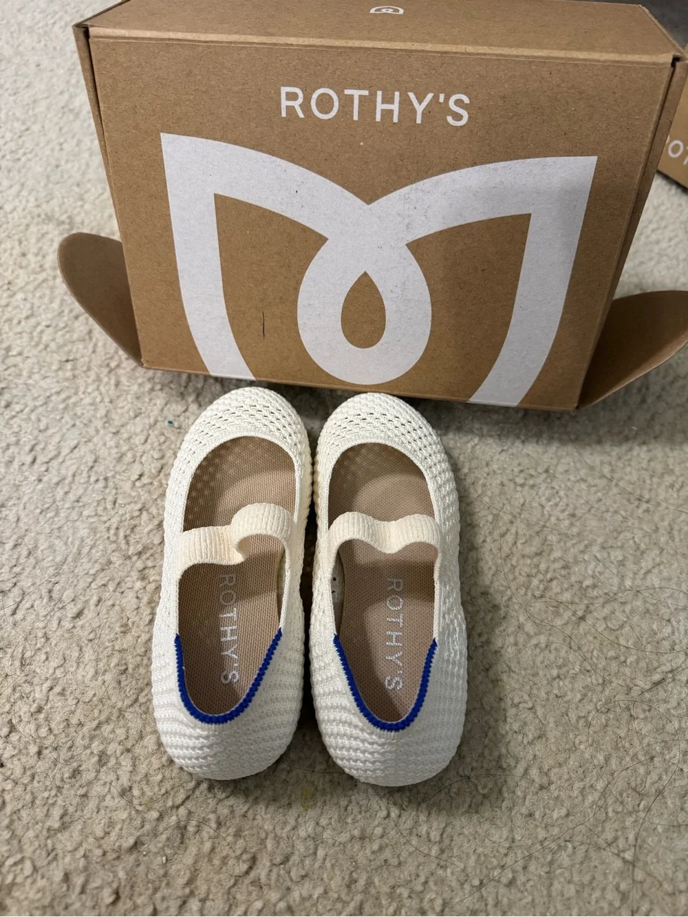 Rothy's Kids Cream Mary Jane Flats with Blue Trim